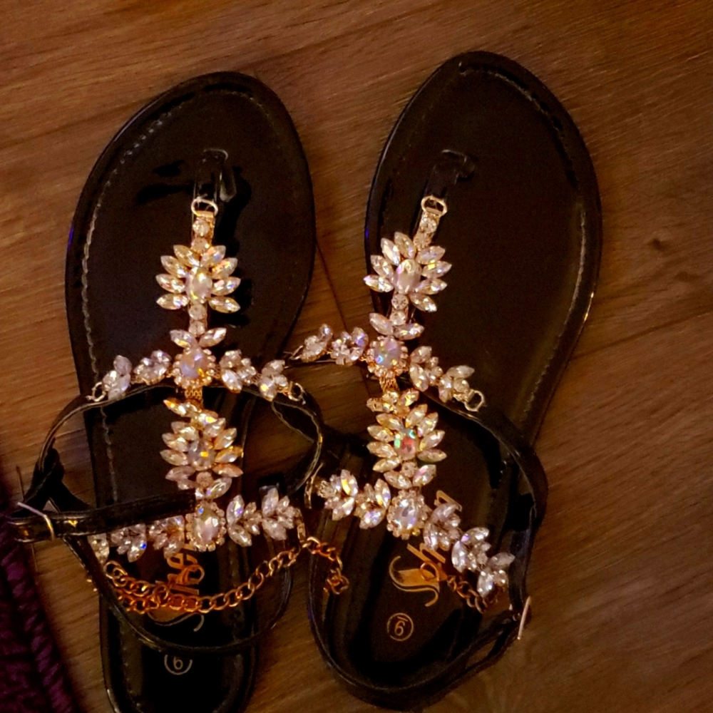 Black rhinestone thong sandal
